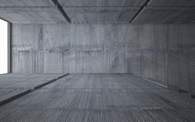 Abstrakcyjne betonowe wnętrze minimalistycznego domu. Ilustracja i renderowanie 3D.