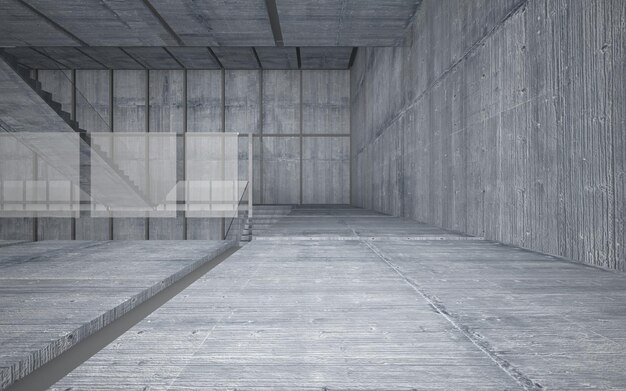 Abstrakcyjne betonowe wnętrze minimalistycznego domu. Ilustracja i renderowanie 3D.