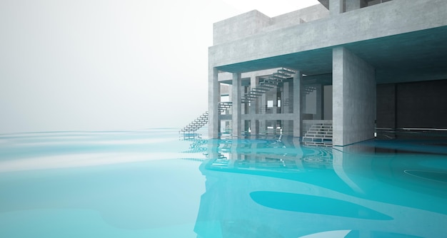 Abstrakcyjne betonowe wnętrze minimalistycznego domu stojącego w wodzie 3D