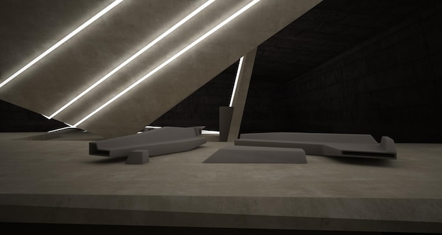 Abstrakcyjne betonowe wnętrze nowoczesnej willi nad morzem z basenem
