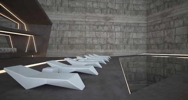 Abstrakcyjne betonowe wnętrze nowoczesnej willi nad morzem z basenem