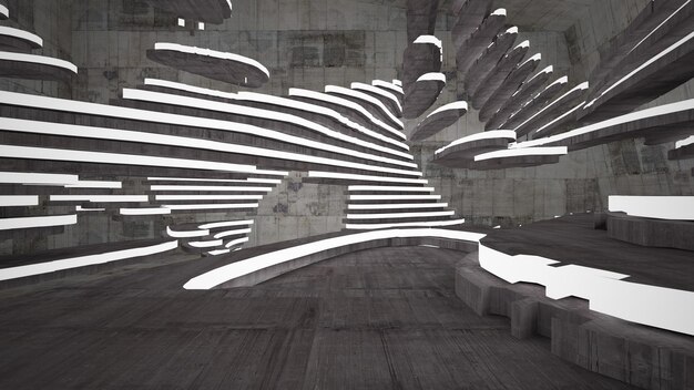Abstrakcyjne białe i betonowe parametryczne wnętrze z ilustracją 3D i renderowaniem okna