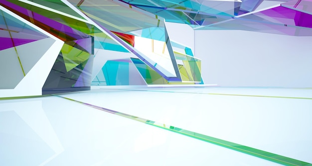Abstrakcyjne białe i kolorowe okulary gradientowe wnętrza wielopoziomowej przestrzeni publicznej z oknem 3D