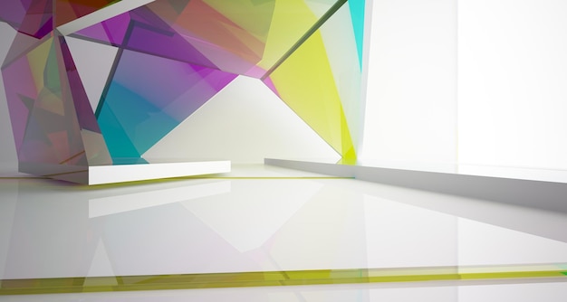 Abstrakcyjne białe i kolorowe okulary gradientowe wnętrza wielopoziomowej przestrzeni publicznej z oknem 3D