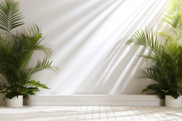 Abstrakcyjne białe tło studyjne do prezentacji produktu Puste pomieszczenie z cieniami od okien, kwiatów i liści palmowych 3D pomieszczeń z przestrzenią do kopiowania Ai generatywny