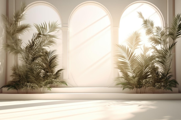 Abstrakcyjne białe tło studyjne do prezentacji produktu Pusty pokój z cieniami z okien, kwiatów i liści palmowych Pokój 3D z przestrzenią do kopiowania Ai generative
