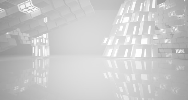 Abstrakcyjne białe wnętrze architektoniczne z tablicy białych kostek z dużymi oknami 3D