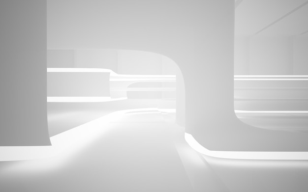Abstrakcyjne białe wnętrze wielopoziomowej przestrzeni publicznej z oknem. Ilustracja i renderowanie 3D.
