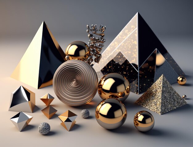 Abstrakcyjne chaotyczne tło geometryczne Błyszczące piramidy i sfery tło stworzone za pomocą generatywnej technologii AI