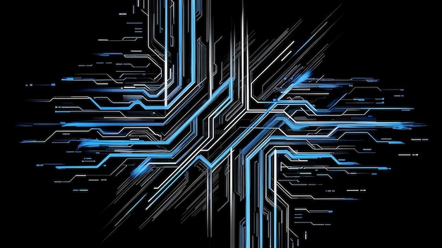 Abstrakcyjne czarne tło z liniami i niebieskimi ts przedstawiające postęp technologiczny