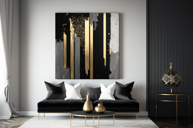 abstrakcyjne dekoracje w czarno-złotych kolorach na ścianie we wnętrzu neural w minimalistycznym stylu