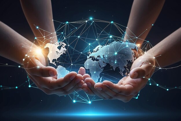 Abstrakcyjne dłonie trzymające globalne połączenia sieciowe innowacyjna technologia w nauce i koncepcja komunikacji