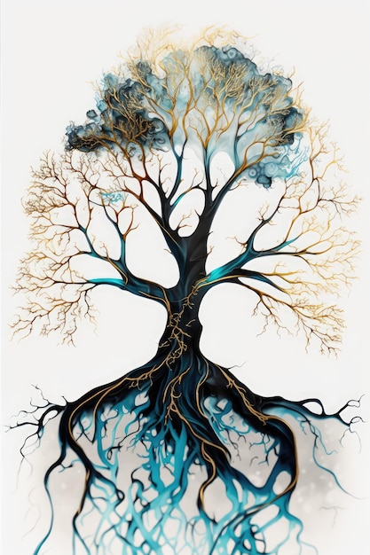 Abstrakcyjne drzewo z korzeniami ukazującymi korzenie w tuszu alkoholowym