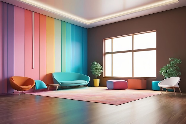 Zdjęcie abstrakcyjne, dynamiczne wnętrze z kolorowym gradientem, gładkimi obiektami i brązowym pomieszczeniem, ilustracją i renderingiem 3d