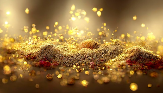 Abstrakcyjne eleganckie szczegółowe cząsteczki złotego brokatu przepływają z płytką głębią ostrości pod wodą Wakacyjna magia lśniące luksusowe tło Świąteczne iskierki i światła Ai generatywne