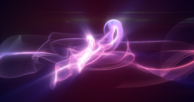 Abstrakcyjne fale fioletowej energii, magiczny dym i świecące linie na czarnym tle.