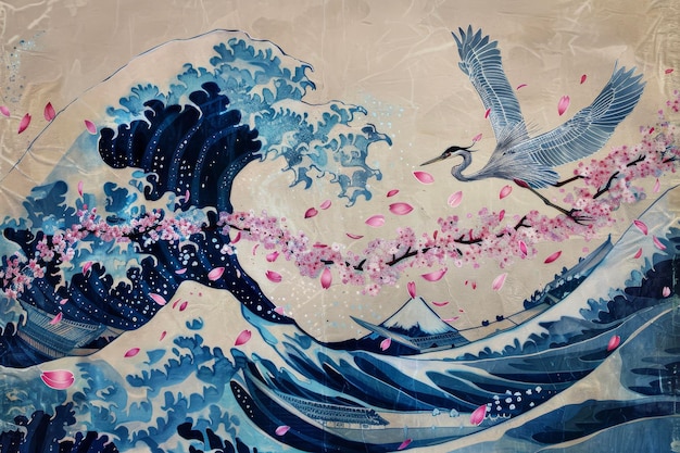 Abstrakcyjne fale zainspirowane japońskimi odbitkami drewnianymi płatki kwiatów wiśni jeżdżą po grzbietach ich delikatny różowy kontrast z głębokim indygo