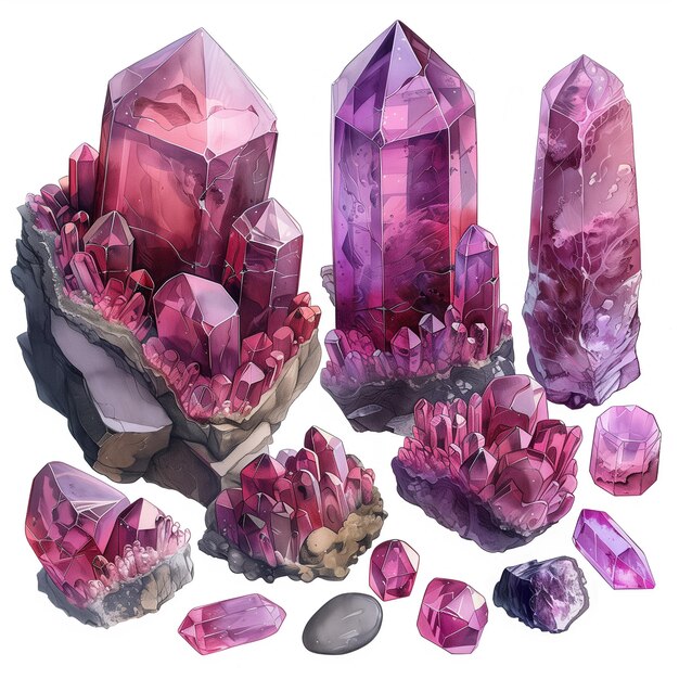 Abstrakcyjne fioletowe kamienie klejnotowe Magiczne kryształy ametysty ręcznie rysowane akwarele kamienie szlachetne kolorowe pryzmatyczne kamienie szklane zestaw ilustracji Błyszczące kryształki akwarelowe