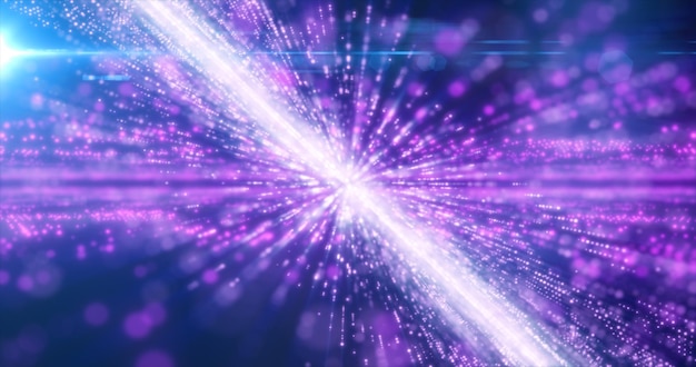 Abstrakcyjne fioletowe linie hitech energii i cyfrowe cząsteczki latają świecącym tłem