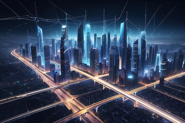 Abstrakcyjne futurystyczne nocne miasto z punktami i połączeniami liniowymi Koncepcja inteligentnego miasta IoT