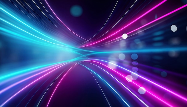 Abstrakcyjne futurystyczne tło z różowo-niebieskimi liniami neonowymi świecącymi w ruchu światła ultrafioletowego i światłami bokeh