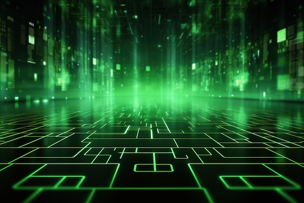 Abstrakcyjne futurystyczne tło z zielonymi neonowymi światłami IT cyberspace komputerowy transfer danych Idealne dla technologii i koncepcji cyber Wirtualna rzeczywistość sztuczna inteligencja Generatywna AI