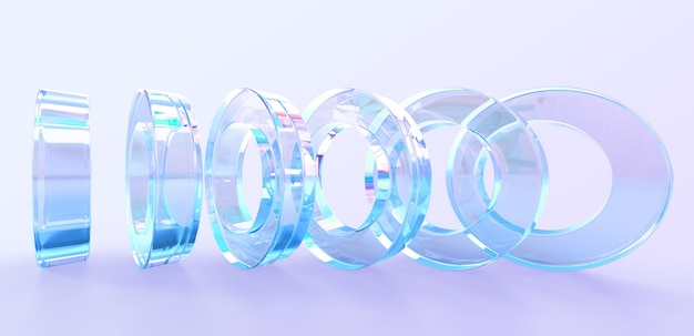 Abstrakcyjne geometryczne tło z obrotowymi szklanymi pierścieniami renderowania 3d Obróć opalizujące jasne okrągłe kształty z załamaniem światła od pryzmatu błyszczący kryształ kompozycja cyfrowy obiekt artystyczny