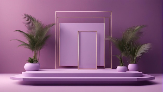 Abstrakcyjne jasnofioletowe podium z renderowaniem 3d tła ramki i liści palmowych