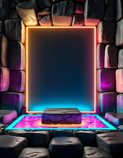 Abstrakcyjne kolorowe neonowe tło ze świecącą kwadratową ramą i brukowanymi skałami ruiny generatorów AI