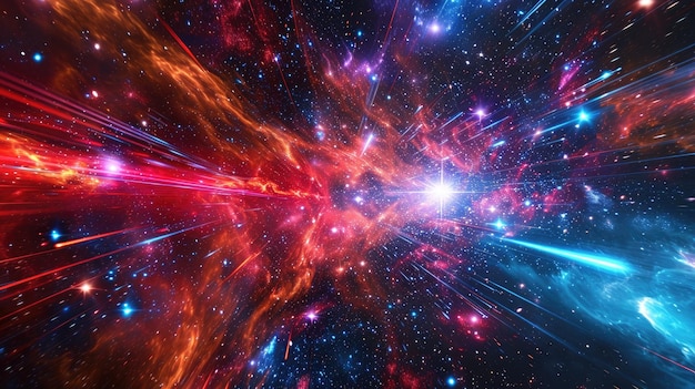 Zdjęcie abstrakcyjne kosmiczne tło z kolorowymi czerwonymi i niebieskimi światłami laserowymi