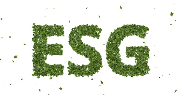 Abstrakcyjne Liście 3d Tworzące Symbol Tekstu Esg Na Białym Tle, Fundusz Inwestycyjny Kreatywnego środowiska Ekologicznego, Przyszły Trend Biznesowy Innowacji W Zakresie Zielonej Energii 2021