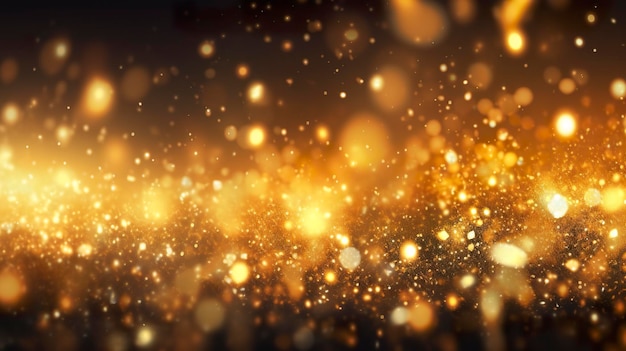 Abstrakcyjne luksusowe złote tło z cząstkami złota brokatowe zabytkowe światła w tle Boże Narodzenie Złote światło połysk cząsteczki bokeh na ciemnym tle Tekstura złotej folii Holiday AI Generative