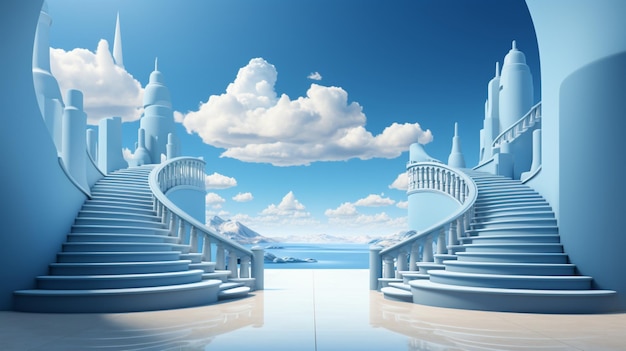 abstrakcyjne minimalistyczne niebieskie tło ze schodami i rzędem trzech latających białych chmur
