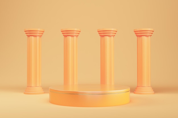 Abstrakcyjne minimalne tło Pomarańczowy cylindryczny cokół z antycznymi kolumnami do wyświetlania produktów