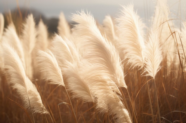 Abstrakcyjne naturalne tło miękkich roślin Cortaderia selloana Trawa pampasowa na rozmytym bokeh Suche trzciny w stylu boho Puszyste łodygi wysokiej trawy ai generatywne