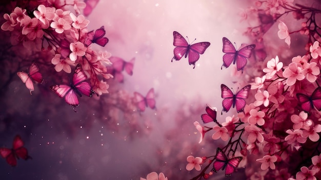 Abstrakcyjne naturalne tło wiosenne z motylami i jasnobrązowymi kwiatami łąki