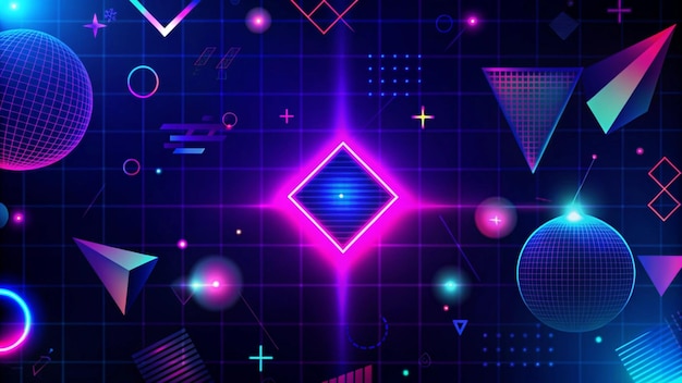 Abstrakcyjne neonowe kształty geometryczne na ciemnej siatce
