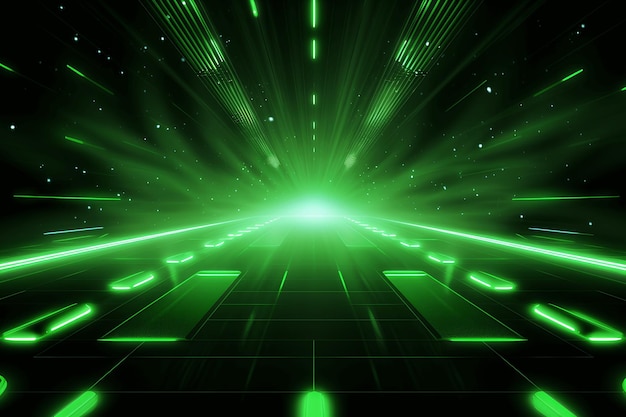 Abstrakcyjne neonowe zielone tło cyberprzestrzeń równoległe linie wszechświata paski świecą wygenerowane przez sztuczną inteligencję