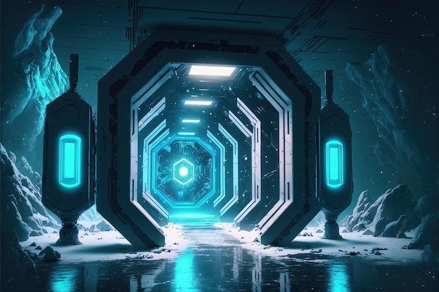 Abstrakcyjne niebieskie tło neonowe z odwilżą scifi zamrożoną w lodzie Fantasy neon lekki tunel AI