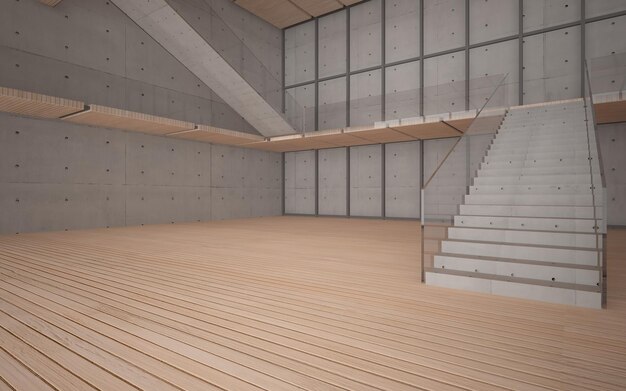 Abstrakcyjne parametryczne wnętrze z betonu i drewna z oknem. Ilustracja i renderowanie 3D.