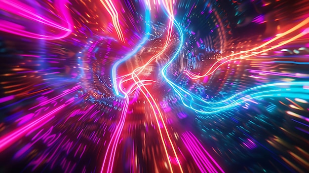 Abstrakcyjne paski i wzory neonowe w cyfrowym tunelu 3D