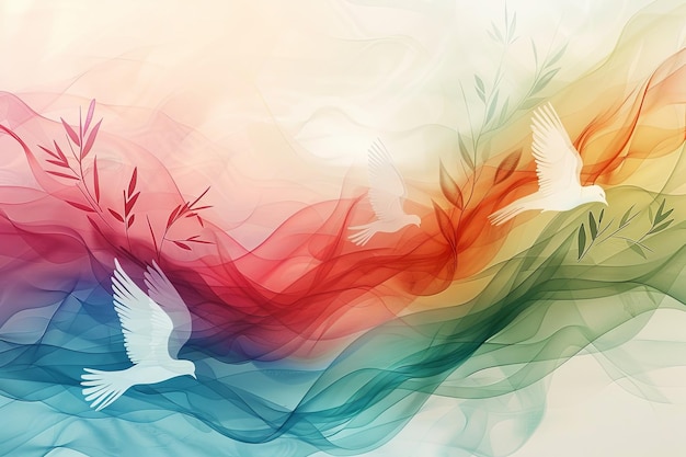 Zdjęcie abstrakcyjne płynne fale koloru tworzą spokojny krajobraz z subtelnymi zarysami gołębi i gałęzi oliwnych łączących się z tłem plakat międzynarodowego dnia pokoju
