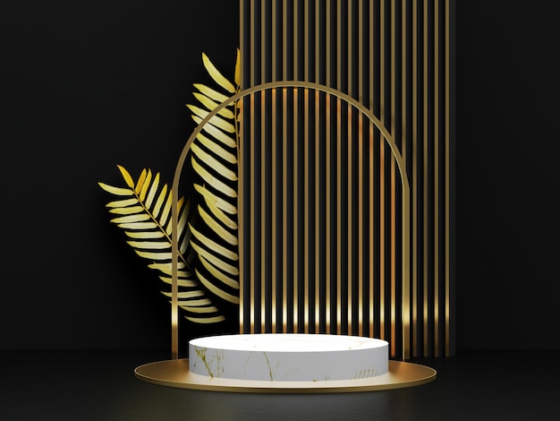 Abstrakcyjne podium z białego marmuru Luksusowa i nowoczesna platforma do wyświetlania reklam produktów ze złotą zasłoną łukową i liśćmi na czarnym tle Renderowanie 3D