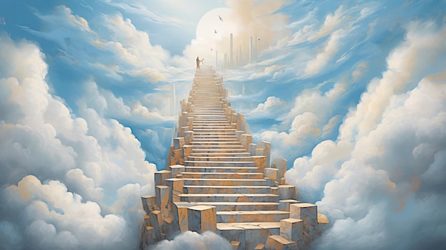 Abstrakcyjne przedstawienie schodów prowadzących do nieba, ozdobione chmurami i spokojnym gołębiem, tworzące urzekający pokaz wizualny, który symbolizuje duchowe wznoszenie się i spokój Generacyjne Ai