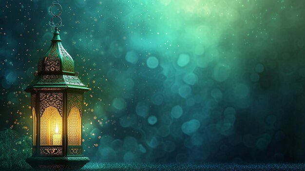 Zdjęcie abstrakcyjne ramadan tło islamskie tło latarnia z zieloną pustą przestrzenią