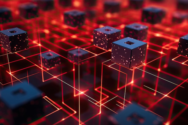 Abstrakcyjne renderowanie 3d kostek z czerwonym neonem na ciemnym tle Zbliżenie świecącej na czerwono sieci blockchain z blokami AI Wygenerowane