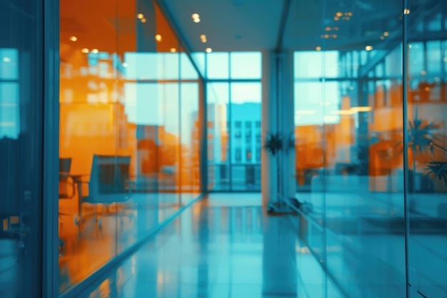 abstrakcyjne rozmycie współczesne wnętrze biura niebieskie tło z pomarańczowym efektem świetlnym