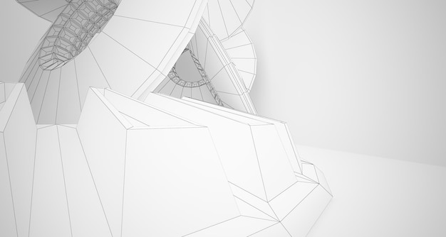 Abstrakcyjne rysunkowe tło architektoniczne Białe wnętrze z dyskami i neonowym oświetleniem 3D