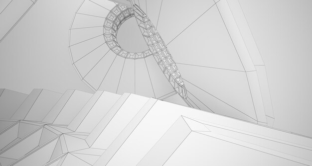 Zdjęcie abstrakcyjne rysunkowe tło architektoniczne białe wnętrze z dyskami i neonowym oświetleniem 3d
