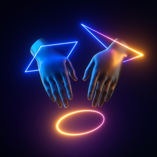 abstrakcyjne sztuczne dłonie z lewitującymi kolorowymi kształtami geometrycznymi światła neonowego.